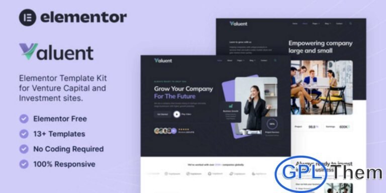 Valuent – Venture Capital & Investment Elementor Template Kit Valuent is a modern Elementor Template Kit designed for venture capital firms, investment companies, startups, and finance-related businesses. Build a professional, fully responsive website that highlights your investment services, corporate solutions, and startup support.