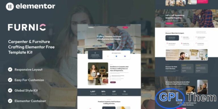 Furnic – Carpenter & Furniture Crafting Elementor Template Kit Furnic is a professionally designed Elementor Template Kit tailored for carpenters, furniture craftsmen, woodworking businesses, and furniture studios. Featuring a clean and modern design, this kit helps showcase your services, portfolio, and craftsmanship with style and professionalism.