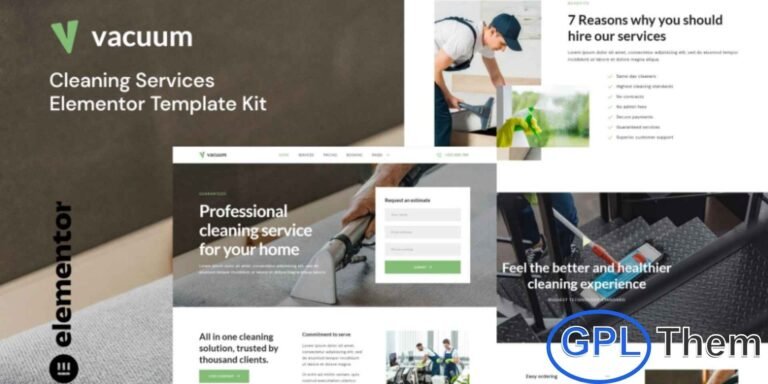 Vacuum – Cleaning Services Company Elementor Template Kit Vacuum is a modern and professional Elementor Template Kit designed specifically for cleaning service companies. Featuring a clean, simple, and fully responsive design, this kit allows you to build a polished website for cleaning businesses, including home cleaning, office cleaning, and commercial cleaning services.