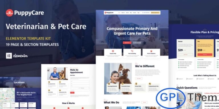 PuppyCare – Veterinarian & Pet Care Elementor Template Kit PuppyCare is a professionally designed Elementor Template Kit created for veterinarians, pet clinics, pet grooming services, and pet care businesses. Ideal for websites focused on dogs, cats, horses, rabbits, and other animals, this kit provides a clean and modern design to showcase your services and facilities.