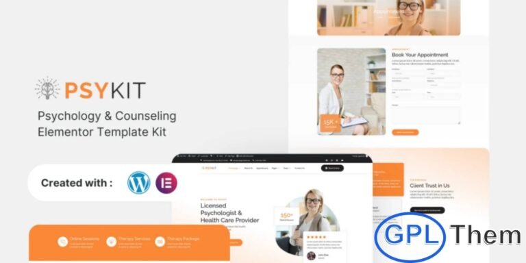 Psykit – Psychology & Counseling Elementor Template Kit Psykit is a modern and professional Elementor Template Kit designed specifically for psychology, therapy, and counseling websites. Perfect for psychologists, therapists, counselors, and mental health professionals, this kit allows you to create a calming and trustworthy online presence. With a clean, unique, and visually appealing design, Psykit ensures your services and expertise are showcased effectively. Fully responsive and retina-ready, your website will look flawless across desktops, tablets, and mobile devices.