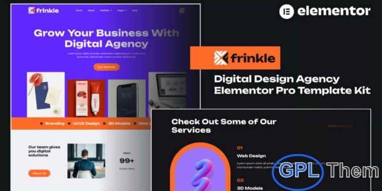 Frinkle – Digital Design Agency Elementor Pro Template Kit Frinkle is a modern and professional Elementor Pro Template Kit crafted for digital agencies, creative studios, freelancers, and professionals looking to showcase their services and portfolio. With clean, visually appealing layouts and a modern design style, Frinkle helps you present your work in a polished and engaging way. Fully responsive and easy to customize using Elementor’s drag-and-drop editor, this kit requires no coding knowledge.