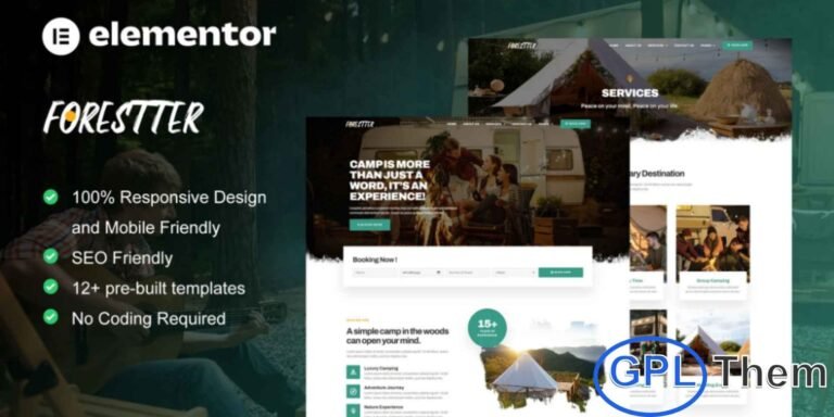 Forestter – Camping & Adventure Elementor Template Kit Forestter is a modern Elementor Template Kit designed for camping, adventure, and outdoor activity websites. Perfect for businesses offering hiking, nature experiences, parks, luxury camping, glamping, and travel services, this kit helps you create a professional and engaging online presence.