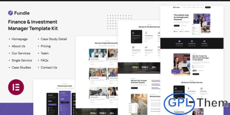 Fundle – Finance & Investment Manager Elementor Template Kit Fundle is a modern and professionally designed Elementor Template Kit ideal for investment companies, financial services, accounting firms, financial advisors, insurance providers, and consulting businesses. With a clean, polished layout and retina-ready design, Fundle allows you to create a professional WordPress website that reflects trust and credibility.