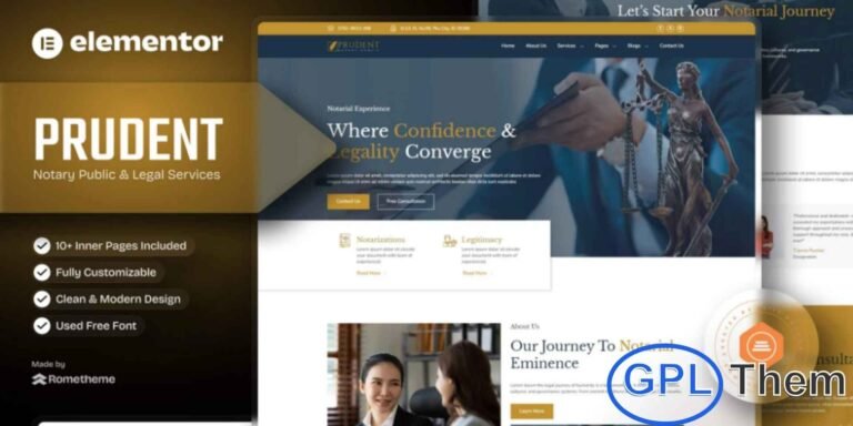 Prudent – Notary Public & Legal Services Elementor Template Kit Prudent is a professional Elementor Template Kit designed specifically for notaries, legal services, law firms, and legal consultants. With a clean and modern layout, this kit allows you to present your services, team, and client testimonials in a professional and trustworthy manner. Fully responsive and retina-ready, Prudent ensures your website looks flawless on desktops, tablets, and mobile devices.