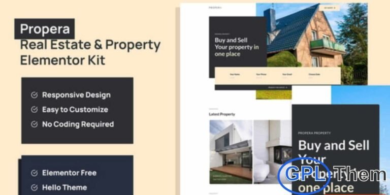 Propera – Real Estate Elementor Template Kit Propera is a modern Elementor Template Kit designed for real estate agencies, property listings, and real estate professionals. Perfect for showcasing properties, property projects, and real estate services, this kit offers a clean, professional, and visually appealing layout.