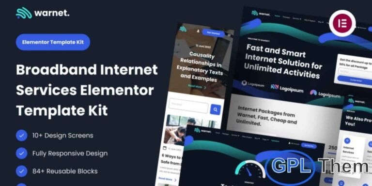 Warnet – Broadband Internet Services Elementor Template Kit Warnet is a powerful and modern Elementor Template Kit designed for broadband, internet service providers, cable TV, and telecommunication businesses. This kit helps you build a high-performing website that showcases your internet, TV, and telephone installation services with clarity and professionalism. Its clean, responsive design ensures flawless performance across all devices, enhancing user experience and customer engagement.