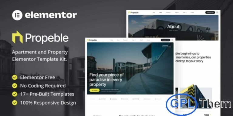 Propeble – Apartment & Property Elementor Template Kit Propeble is a professional Elementor Template Kit designed for real estate agencies, apartment listings, and property management websites. With a sophisticated and modern design, this kit allows you to showcase apartments, single properties, and complex property listings in an attractive and organized manner.