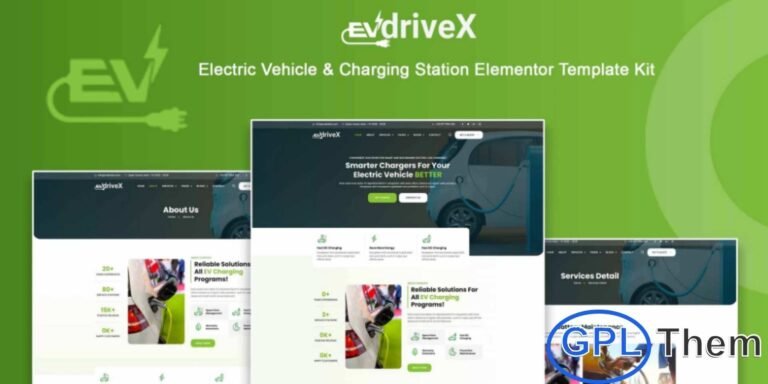 EVdriveX – Electric Vehicle & Charging Station Elementor Template Kit EVdriveX is a modern Elementor Pro Template Kit designed for electric vehicle businesses, charging stations, and related services. Built for use with the free Hello Elementor theme, this kit allows you to create a professional, fully functional website without writing a single line of code.
