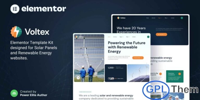 Voltex – Solar Panels & Renewable Energy Company Elementor Template Kit Voltex is a modern, stylish, and eco-focused Elementor Template Kit crafted for solar panel companies and renewable energy service providers. Whether your business specializes in solar power, wind energy, hydro solutions, eco-friendly technology, or sustainable energy services, this kit provides everything you need to build a high-quality, conversion-focused website with ease.