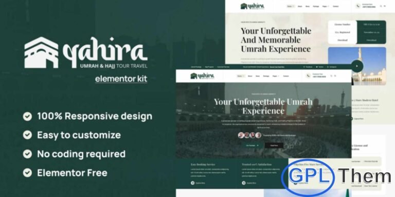 Qahira – Umrah & Hajj Tour Travel Elementor Template Kit Qahira is a professional Elementor Template Kit designed for Umrah and Hajj tour operators, travel agencies, and pilgrimage service providers. With a clean, modern, and user-friendly design, Qahira allows you to showcase travel packages, itineraries, customer testimonials, and booking services effectively.