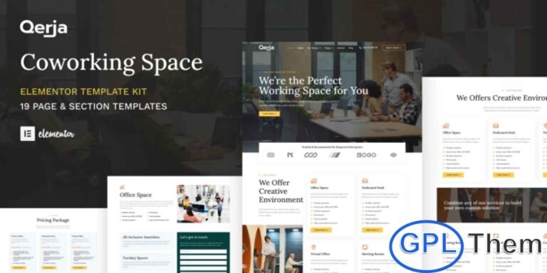 Qerja – Coworking Space WordPress Elementor Template Kit Qerja is a professional Elementor Template Kit designed for coworking spaces, shared offices, creative hubs, and office space rental businesses. With a clean and modern design, this template kit allows you to showcase available workspaces, amenities, membership plans, and client testimonials effectively.