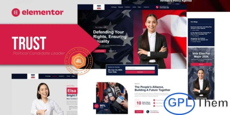 Trust – Political Candidate & Leader Elementor Template Kit The Trust – Political Candidate & Leader Elementor Template Kit is a professionally designed set of templates perfect for political candidates, campaign teams, public leaders, agencies, and business-related websites. Featuring modern, clean, and visually impactful layouts, this kit helps you present missions, profiles, agendas, and achievements with clarity and confidence.