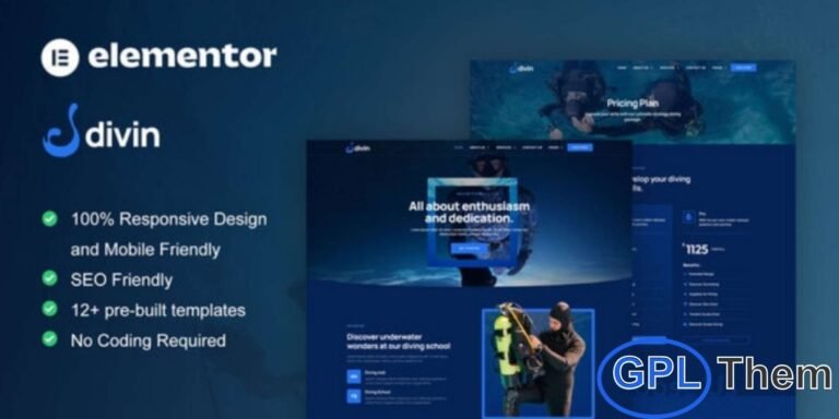 Divin – Diving Club Elementor Pro Template Kit Divin is a premium Elementor Pro Template Kit designed specifically for diving clubs, water sports academies, and adventure marine activities. Featuring a clean, modern, and professional layout, this kit makes it easy to build a captivating website that highlights your diving programs, training sessions, equipment rentals, and ocean activities.