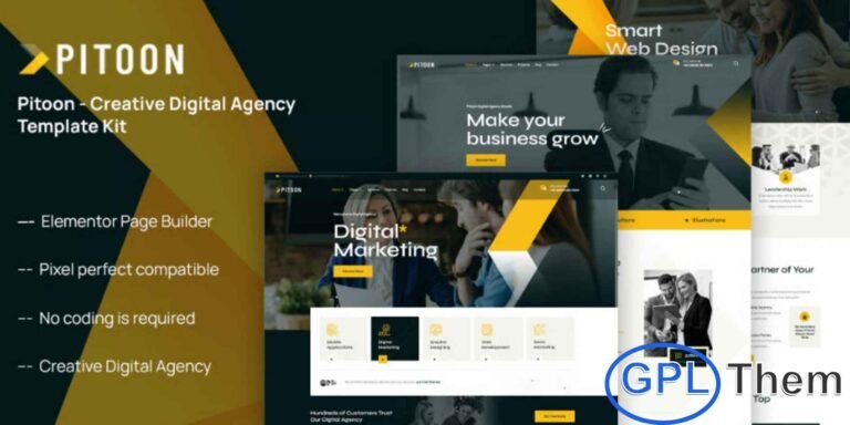 Pitoon – Creative Digital Agency Elementor Template Kit Pitoon is a sleek and modern Elementor Template Kit crafted for Creative Digital Agencies, offering a professional design ideal for web design, web development, digital marketing, SEO services, branding, and other agency-related businesses. Built using the powerful Elementor Page Builder, Pitoon makes it effortless to create stunning layouts with a simple drag-and-drop interface—no coding knowledge needed.