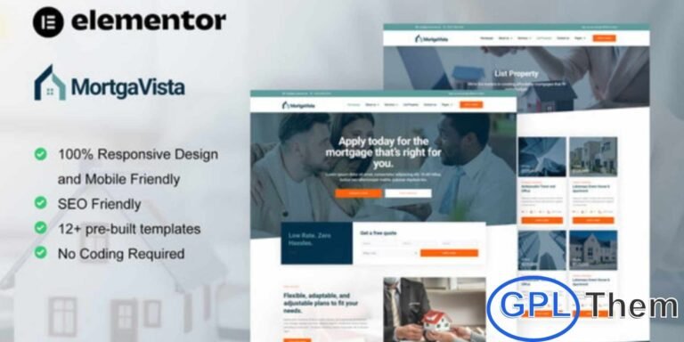 Mortgavista – Mortgage Elementor Pro Template Kit Mortgavista is a professionally designed Elementor Pro Template Kit tailored for mortgage firms looking to build a modern, high-converting website with ease. Perfect for mortgage brokers, property agents, real estate consultants, and apartment agencies, this kit delivers a clean, polished layout that enhances credibility and user trust.