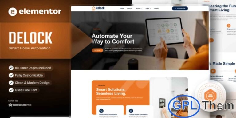 Delock – Smart Home Automation Elementor Template Kit Delock is a modern and user-friendly Elementor Template Kit designed to help you build a professional smart home automation website in just a few clicks. Featuring a sleek and unique design, this kit is perfect for businesses offering home automation, IoT solutions, security systems, and smart device integration.