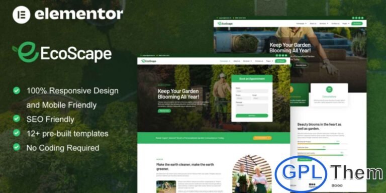 EcoScape – Gardening & Landscape Elementor Pro Template Kit EcoScape is a modern and professional Elementor Pro Template Kit designed for gardening, landscaping, and outdoor service businesses. This template kit is ideal for landscape designers, gardening services, lawn care companies, and outdoor decoration providers.