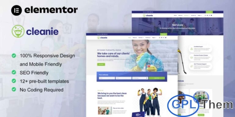 Cleanie – Cleaning Service Company Elementor Template Kit Cleanie is a professional Cleaning Service Company Elementor Template Kit designed to create modern and trustworthy cleaning service websites. This template kit is perfect for home cleaning, commercial cleaning, laundry services, home maids, office cleaning, resort cleaning, and home maintenance businesses.