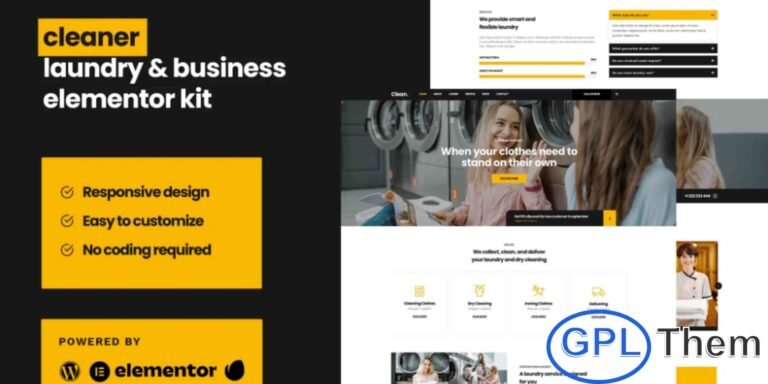 Cleaner – Laundry Business Elementor Template Kit Cleaner is a professional Laundry Business Elementor Template Kit designed to help you build a clean, modern, and effective business website quickly. This template kit is ideal for laundry services, dry cleaning businesses, washing services, and garment care companies.