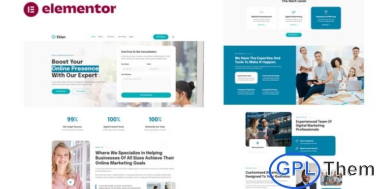 Eklan – Digital Marketing Agency Elementor Template Kit Eklan is a modern and SEO-friendly Elementor Template Kit crafted for digital marketing agencies, creative studios, and online marketing professionals. Designed to work seamlessly with the Elementor Free version, this template kit lets you build a professional WordPress website without writing a single line of code.