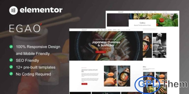 Egao – Japanese Restaurant & Sushi Bar Elementor Template Kit Egao is a modern and SEO-optimized Elementor Template Kit designed specifically for Japanese restaurants, sushi bars, and food-related businesses. Featuring a clean, professional, and visually appealing layout, this template kit helps you showcase menus, services, and brand identity with style.
