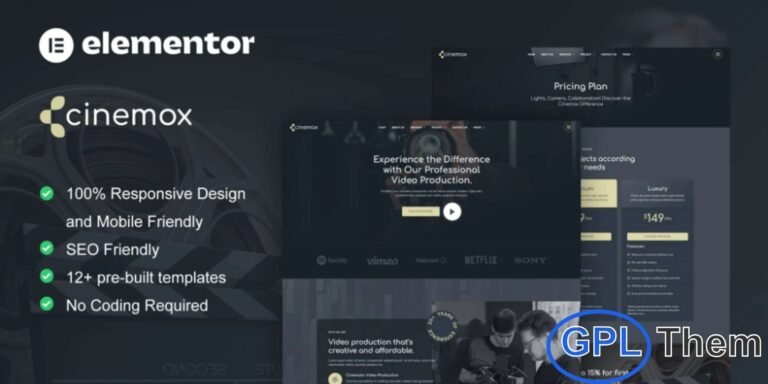 Cinemox – Video Production Company Elementor Pro Template Kit Cinemox is a modern and professional Video Production Company Elementor Pro Template Kit designed to help you create a visually striking website for your video business. This template kit is perfect for video production companies, film studios, freelance videographers, vlogs, short films, gaming videos, documentaries, advertisements, and related services.