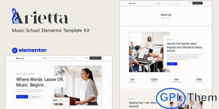 Arietta – Music School Elementor Template Kit is a modern and professional website solution designed for music schools, academies, vocal classes, music teachers, and studios. This Elementor Template Kit features a clean, contemporary design with a 100% responsive layout, ensuring your site looks perfect on desktops, tablets, and mobile devices. Arietta comes with 11 carefully crafted pages and 13 beautifully designed templates, making it easy to showcase courses, instructors, schedules, events, and student achievements.