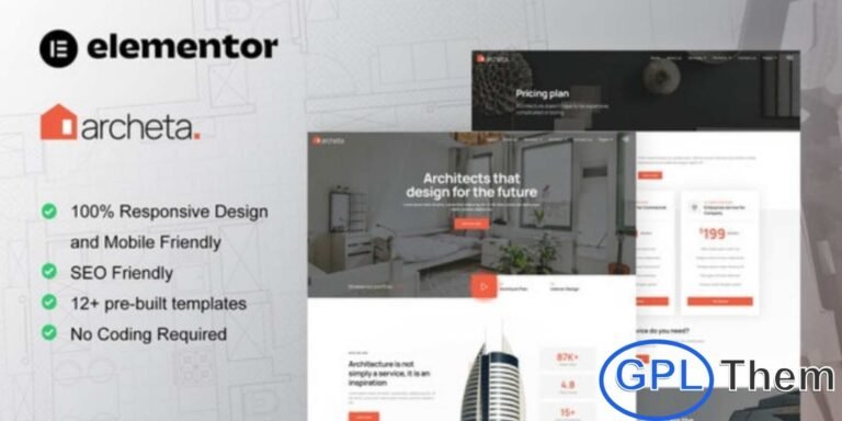 Archeta – Architecture & Construction Service Elementor Template Kit Archeta is a modern and fully responsive Elementor Template Kit designed for architecture and construction service websites. Perfect for architects, construction companies, building designers, real estate agencies, interior designers, and property developers, Archeta makes it easy to showcase your projects with style.