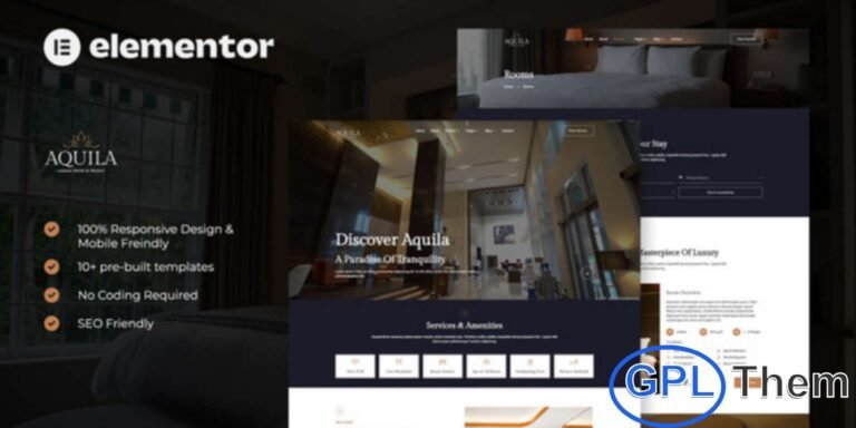 Aquila – Luxury Hotel & Resort Elementor Template Kit Aquila is a modern and elegant Elementor Template Kit designed for luxury hotels and resorts. This versatile template kit is perfect for creating websites for hotels, resorts, villas, hostels, travel accommodations, and the hospitality industry. With Aquila, you can showcase rooms, amenities, services, and travel experiences with a stylish and professional design.