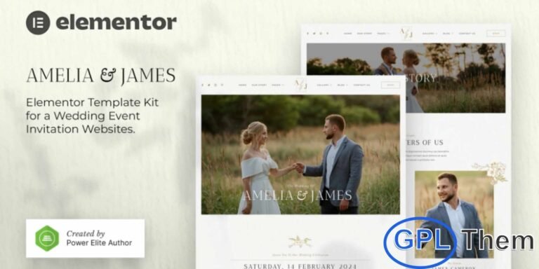 Amelia & James – Wedding Invitation Elementor Template Kit Amelia & James is a modern, elegant, and clean Elementor Template Kit designed for creating beautiful wedding invitation and event websites. Perfect for weddings, engagements, anniversaries, and special events, this template kit features a professional design with a 100% responsive and retina-ready layout.
