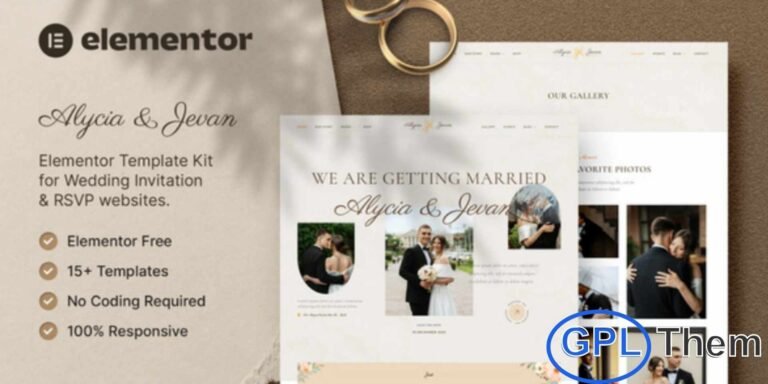 Alycia & Jevan – Wedding Invitation & RSVP Elementor Template Kit Alycia & Jevan is a modern and elegant Elementor Template Kit designed to create beautiful wedding invitation and event websites. Perfect for weddings, engagements, and special celebrations, this template kit includes essential sections such as a love story, event schedule with countdown timer, RSVP form, photo gallery, Google Maps integration, and more.