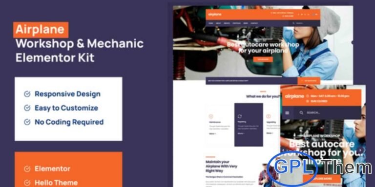 Airplane – Mechanic Workshop Elementor Template Kit Airplane is a professional Elementor Template Kit designed for aircraft mechanic workshops and aviation maintenance services. Optimized for Elementor and the lightweight Hello Elementor theme, this template kit helps you build a modern and professional website for airplane repair, aircraft maintenance, and aviation workshop businesses.