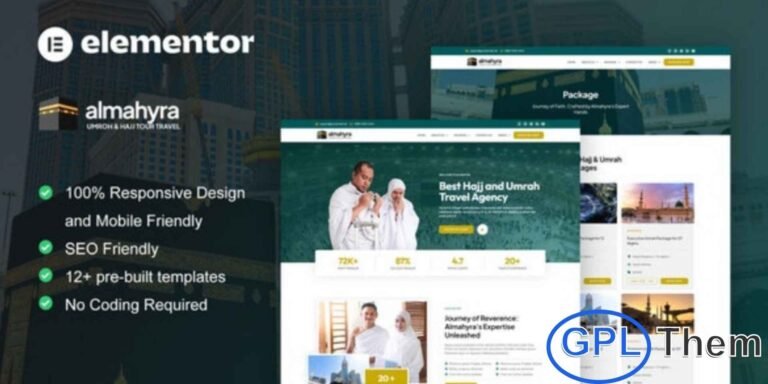 Almahyra – Umrah & Hajj Tour Travel Elementor Pro Template Kit Almahyra is a modern and professional Elementor Pro Template Kit designed for Umrah and Hajj tour travel service websites. Featuring a clean layout and unique design style, this template kit is ideal for travel agencies, tour operators, and companies offering Umrah and Hajj travel packages.
