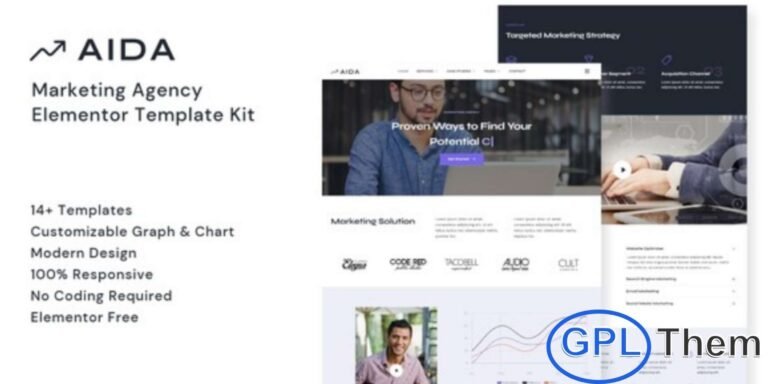 AIDA – Marketing Agency Elementor Template Kit AIDA is a modern and professional Elementor Template Kit designed for marketing agencies, creative studios, and digital businesses. This template kit helps you build your website faster with live, drag-and-drop editing using Elementor—without writing a single line of code. Perfect for showcasing marketing services, branding solutions, and creative projects, AIDA allows you to create a high-impact marketing agency website quickly and effortlessly.