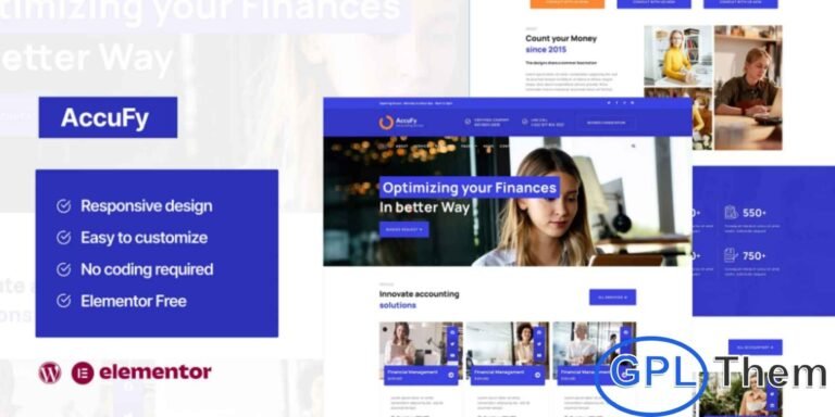 Accufy – Accounting Consultant Service Elementor Template Kit Accufy is a professional and modern Elementor Template Kit designed for accounting consultants and financial service websites. Featuring a clean design and contemporary layout style, Accufy is ideal for accountants, accounting firms, financial advisors, and consulting services. Built to work with the Elementor Free version, this template kit is easy to import, reusable, and compatible with most WordPress themes, including the lightweight Hello Elementor theme.