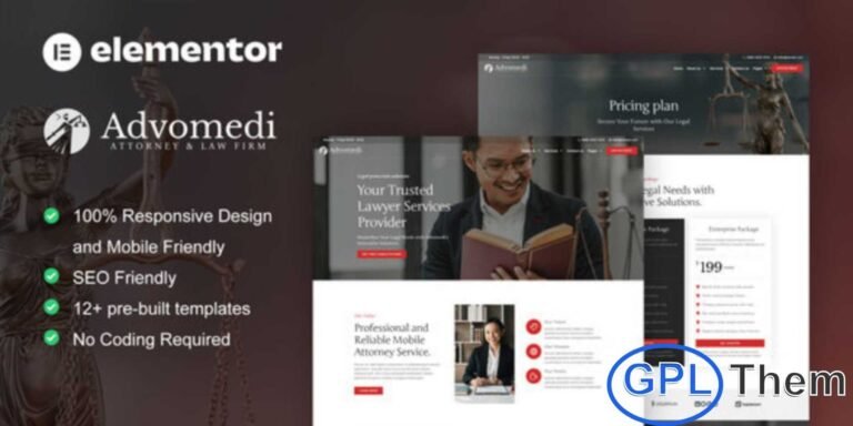 Advomedi – Attorney & Law Firm Elementor Template Kit Advomedi is a modern and professional Elementor Template Kit designed for attorney and law firm websites. Featuring 12+ pre-built templates with clean, elegant, and contemporary layouts, this template kit is ideal for legal professionals and law-related businesses. Perfect for attorneys, lawyers, advocates, legal advisors, and legal service providers, Advomedi helps you create a trustworthy and professional online presence with easy customization using Elementor.