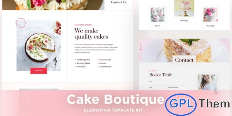 Cake Boutique – Cake & Bakery Elementor Template Kit Cake Boutique is a beautifully crafted and SEO-friendly Elementor Template Kit designed specifically for cake shops, bakeries, pastry stores, and dessert businesses. This template kit allows you to quickly build a professional and visually appealing website using the Elementor Page Builder for WordPress, with no coding required.