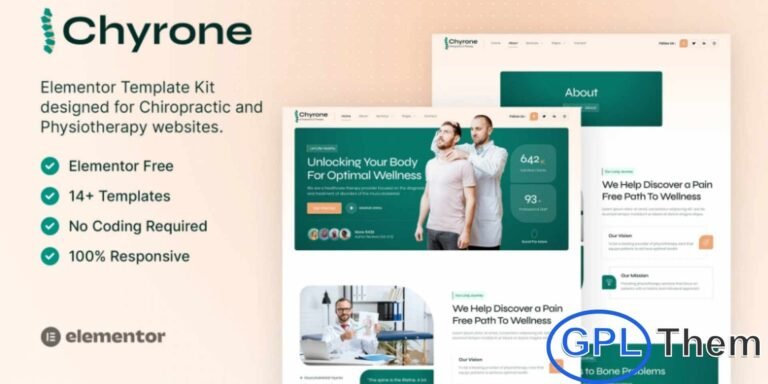 Chyrone – Chiropractic & Physiotherapy Elementor Template Kit Chyrone is a modern and professional Elementor Template Kit designed for chiropractic clinics, physiotherapy centers, orthopedic practices, and other healthcare services. This template kit features a sleek, functional, and visually appealing design that helps showcase your expertise and build trust with potential clients.