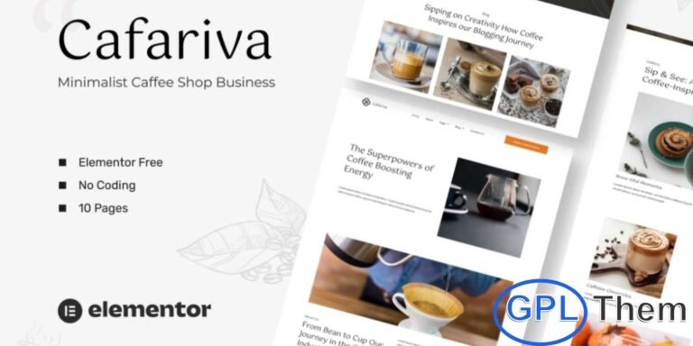 Cafariva – Minimalist Cafe & Coffee Elementor Template Kit Cafariva is a modern and SEO-friendly Elementor Template Kit designed for minimalist cafes, coffee shops, and beverage businesses. This template kit helps you quickly create a clean, stylish, and professional cafe website using the Elementor Page Builder for WordPress, with no coding required.