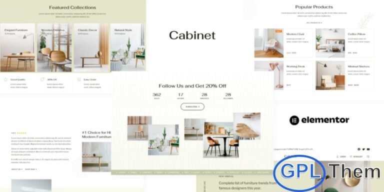 Cabinet – Furniture Store Elementor Template Kit is a modern and stylish solution for building a professional furniture store website using the Elementor Page Builder for WordPress. This template kit is designed to help you create a visually appealing and fully functional website quickly, without any coding skills. Cabinet is ideal for furniture stores, home decor shops, interior decoration businesses, and decor-focused eCommerce websites.