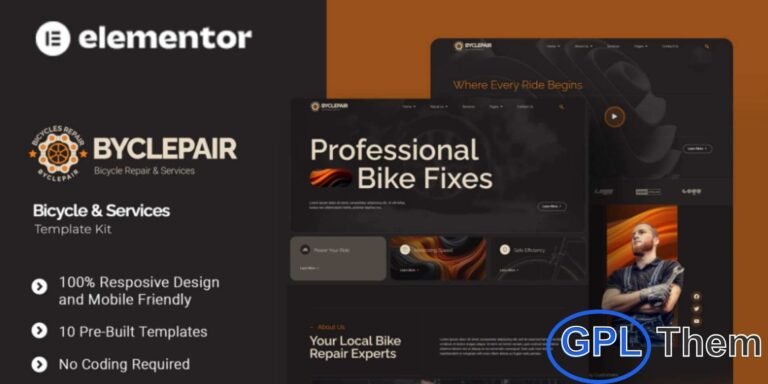 Byclepair – Bicycle & Service Elementor Template Kit is a modern and professional solution designed for bicycle repair shops and bike service businesses looking to build a strong online presence. This advanced Elementor Template Kit is perfect for bicycle repair centers, mobile bike mechanics, bicycle maintenance services, and other bike-related businesses. Byclepair is built using free Elementor elements, allowing you to create a complete website without additional costs.