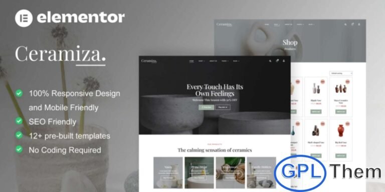 Ceramiza – Pottery & Ceramic Store Elementor Template Kit Ceramiza is a modern and elegant Pottery & Ceramic Store Elementor Template Kit designed for pottery studios and ceramic décor businesses. This template kit is perfect for pottery shops, ceramic decoration stores, handmade craft brands, interior décor shops, and furniture stores.