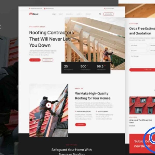 Broof – Roofing Services Elementor Template Kit Broof is a modern and professional Roofing Services Elementor Template Kit designed specifically for roofing businesses and contractors. This template kit is ideal for roof repair, roof inspection, roof coating, roof renovation, and general roofing services.