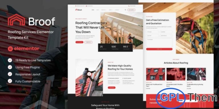 Broof – Roofing Services Elementor Template Kit Broof is a modern and professional Roofing Services Elementor Template Kit designed specifically for roofing businesses and contractors. This template kit is ideal for roof repair, roof inspection, roof coating, roof renovation, and general roofing services.