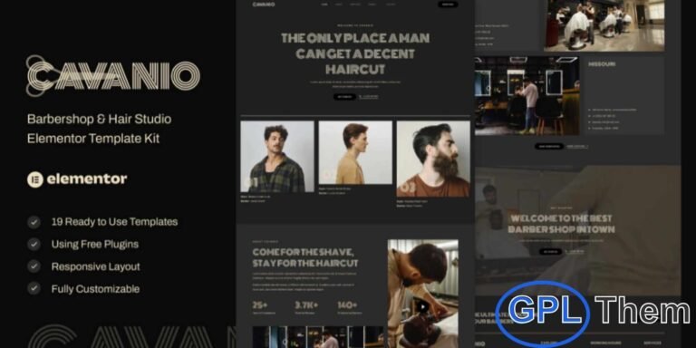Cavanio – Barbershop & Hair Studio Elementor Template Kit Cavanio is a modern and stylish Barbershop & Hair Studio Elementor Template Kit designed to create professional grooming and lifestyle websites. This template kit is perfect for barbershops, hair salons, hair stylists, hair studios, tattoo studios, piercing shops, and biker clubs.