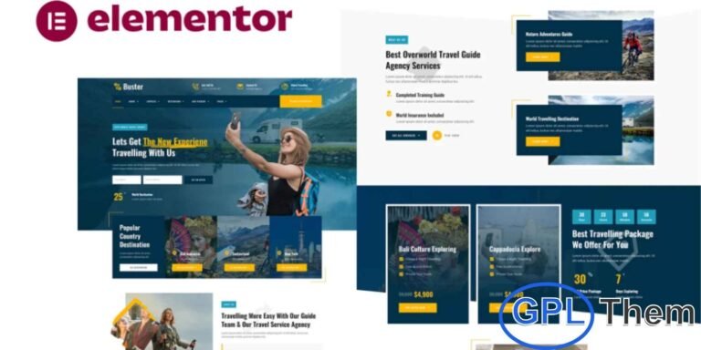 Buster – Tour Guide & Travel Agency Elementor Pro Template Kit is a modern and professional web solution designed for tour guides, travel agencies, and tourism businesses. This Elementor Pro Template Kit includes a collection of clean and well-structured layouts that help you showcase travel packages, destinations, tours, and services effectively. Built specifically for Elementor Pro, Buster offers advanced design flexibility while remaining easy to customize with drag-and-drop editing.