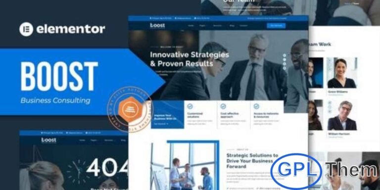 Boost – Business Consulting Elementor Template Kit is a modern and professional web solution designed for business consultants, corporate firms, and consulting agencies. This Elementor Template Kit includes 13+ pre-built templates featuring a clean, fully responsive, and easily customizable design. Boost is ideal for business consulting, corporate services, startups, and professional advisory websites.
