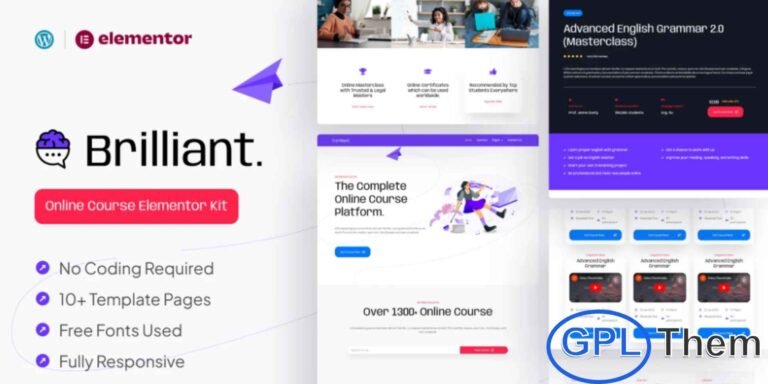 Brilliant – Online Course Elementor Pro Template Kit is a modern and professional web solution designed specifically for online course websites, eLearning platforms, and educational businesses. Built for Elementor Pro, this template kit allows you to customize every section easily using drag-and-drop functionality, with no coding required. Brilliant includes over 11 carefully crafted pages featuring a minimalist, modern, and futuristic design style.