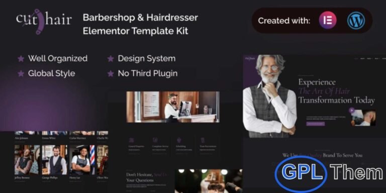 Cuthair – Barbershop & Hairdresser Elementor Pro Template Kit Cuthair is a modern and stylish Barbershop & Hairdresser Elementor Pro Template Kit designed for contemporary grooming businesses. This template kit is perfect for barbershops, hair salons, hairdressers, stylists, and grooming studios looking to elevate their online presence.